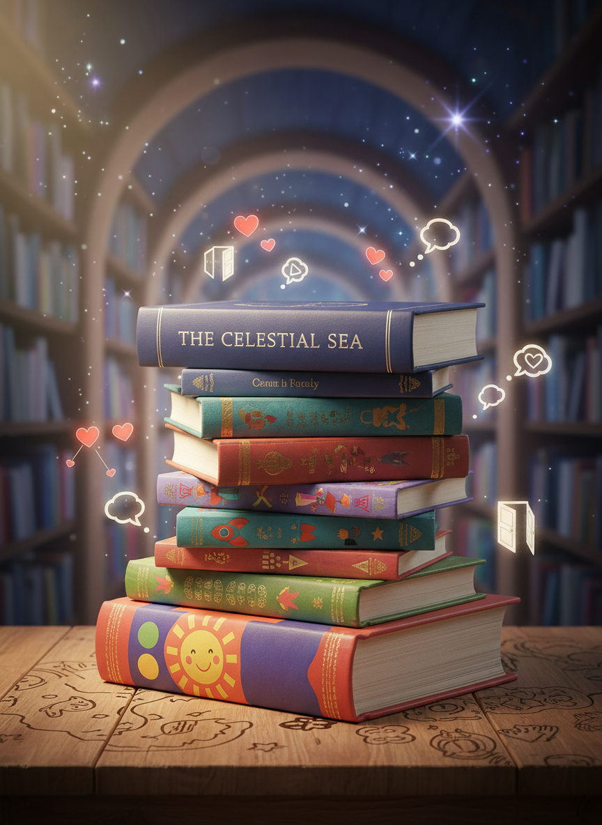 A whimsical stack of colorful children’s books topped with a sleek, deep-indigo hardcover adult novel, all rendered in playful digital art. The books rest on a wooden table whose surface is etched with faint, swirling doodles that hint at characters and imaginary worlds. Around the stack float tiny, glowing icons of hearts, open doors, and thought bubbles, symbolizing mental health themes and emotional journeys. Soft, warm lamplight from the upper left casts gentle highlights along the book spines, while the background fades into a dreamy, blurred library of shelves and starry shapes. The mood is inviting and curious, with an eye-level composition and a slight vignette, perfect as a universal visual for an author’s storytelling hub spanning kidlit and adult fiction.