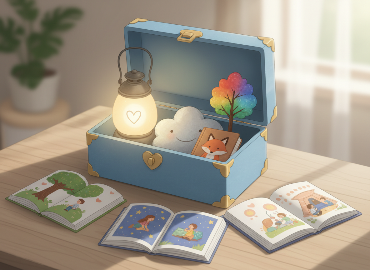 An illustrated mental health “toolbox” inspired by Gay Lynn’s children’s stories, depicted as a sturdy, sky-blue book-shaped box with a clasp that looks like a tiny heart. The box is open on a wooden surface, revealing symbolic items: a softly glowing lantern labeled only by a heart icon, a cloud-shaped pillow, a tiny tree with multicolored leaves, and a notebook embossed with a friendly animal character. Around it, open children’s books show scenes of characters practicing self-care—sitting under a tree, gazing at stars, building a cozy fort—each stylized without text. Gentle, diffused daylight streams from the right, creating a calm, reassuring atmosphere. Shot at eye level with moderate depth of field, the digital-art style is bright yet soothing, visually linking storytelling to emotional support resources.