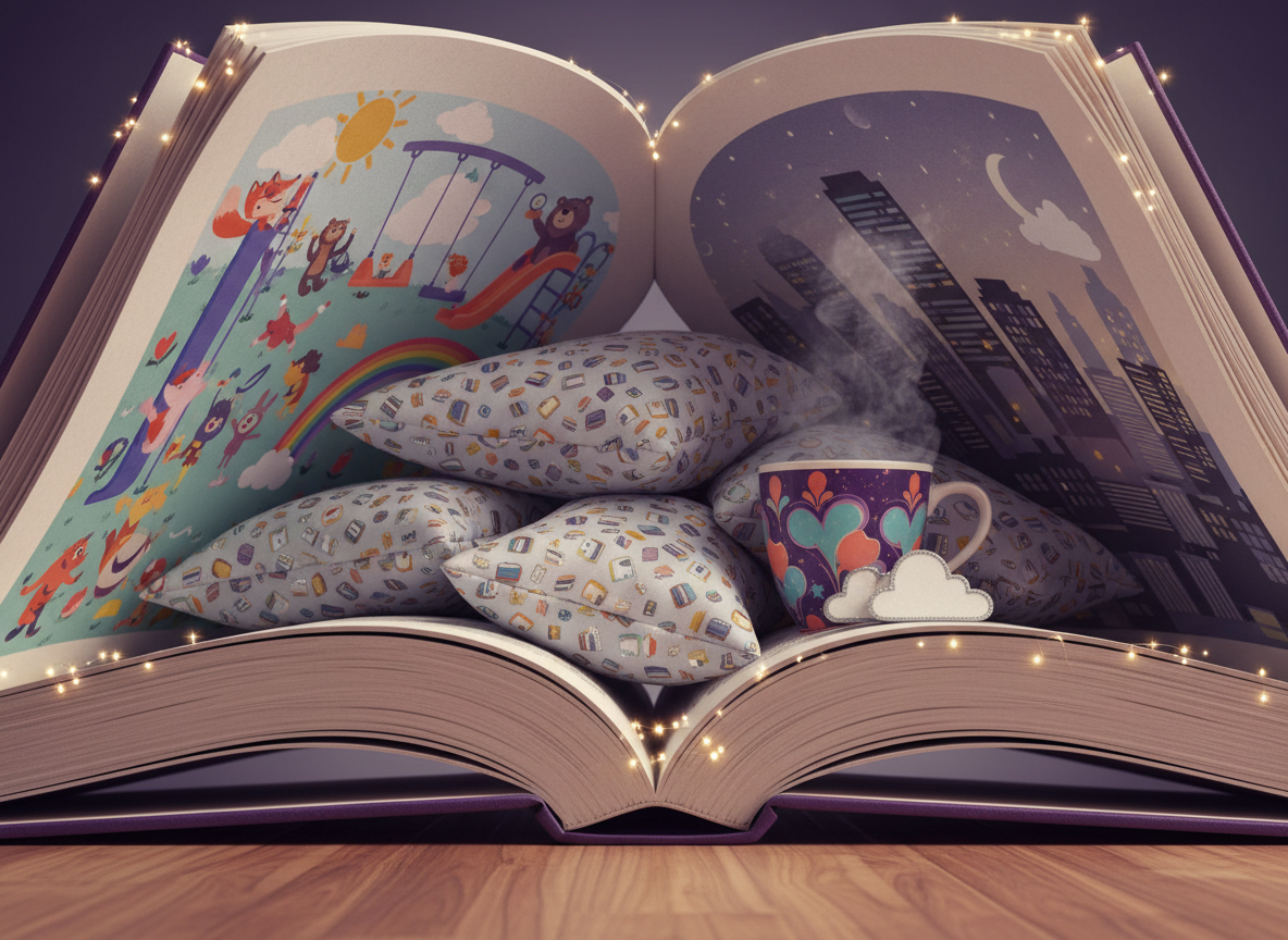 A dreamy digital-art reading nook built inside an oversized, open storybook whose thick pages curve into arching walls. On one page, vibrant illustrations of children’s characters play in a colorful park; on the opposite, subtler, atmospheric imagery suggests an adult fiction cityscape at dusk. Plush cushions patterned with tiny book icons are piled in the hollow center, accompanied by a steaming, patterned mug and a small stack of bookmarks shaped like clouds. Soft, diffused fairy-light glows outline the book’s edges, casting twinkling reflections on the floor. The color palette is playful yet slightly sophisticated, with purples, aquas, and coral tones. Captured from a low, inviting angle, the composition feels immersive and warm, ideal for visualizing the welcoming world "between the pages" of Gay Lynn’s stories.
