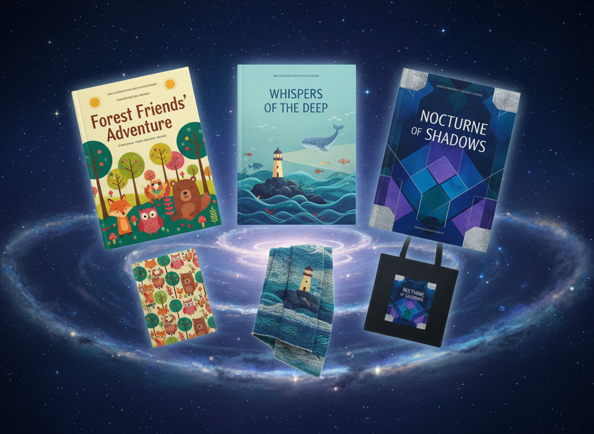 A series of three floating, oversized book covers hover in a gently swirling starry space, rendered in crisp, vibrant digital art. The first is a bright children’s book featuring cheerful forest creatures and colorful trees; the second, another children’s title with calming ocean scenes and a tiny lighthouse radiating soft light; the third, a sleek adult fiction cover with deep jewel tones and abstract motifs suggesting intrigue. Below them, matching themed merchandise appears: a forest-patterned journal, an ocean-themed cozy blanket, and a minimalist tote echoing the adult novel’s design. Cool, celestial lighting with soft glows illuminates their edges, while the background dissolves into cosmic blues and purples. Framed with rule-of-thirds composition and subtle depth, the image feels magical and aspirational, perfect for a catalog-style showcase of an author’s books and products.