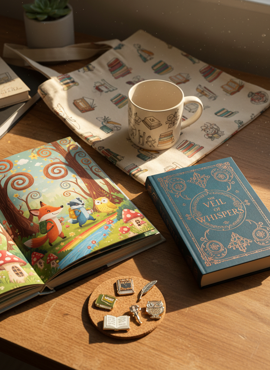 An open children’s picture book lies on a cozy desk, its pages filled with bright digital-art illustrations of friendly animal characters exploring a fantastical forest. Beside it, a closed, moodier adult fiction novel in rich teal and copper hints at mystery with abstract, swirling patterns on the cover. Scattered around are enamel pins, a mug with stylized book motifs, and a soft, folded tote bag patterned with tiny illustrated scenes from the stories. Golden hour light streams in from a window out of frame, creating warm streaks and soft shadows that emphasize textures. Shot from a slightly elevated angle with a gentle depth of field, the scene feels playful yet grounded, connecting books to book-inspired merchandise in an inviting author-branded workspace.