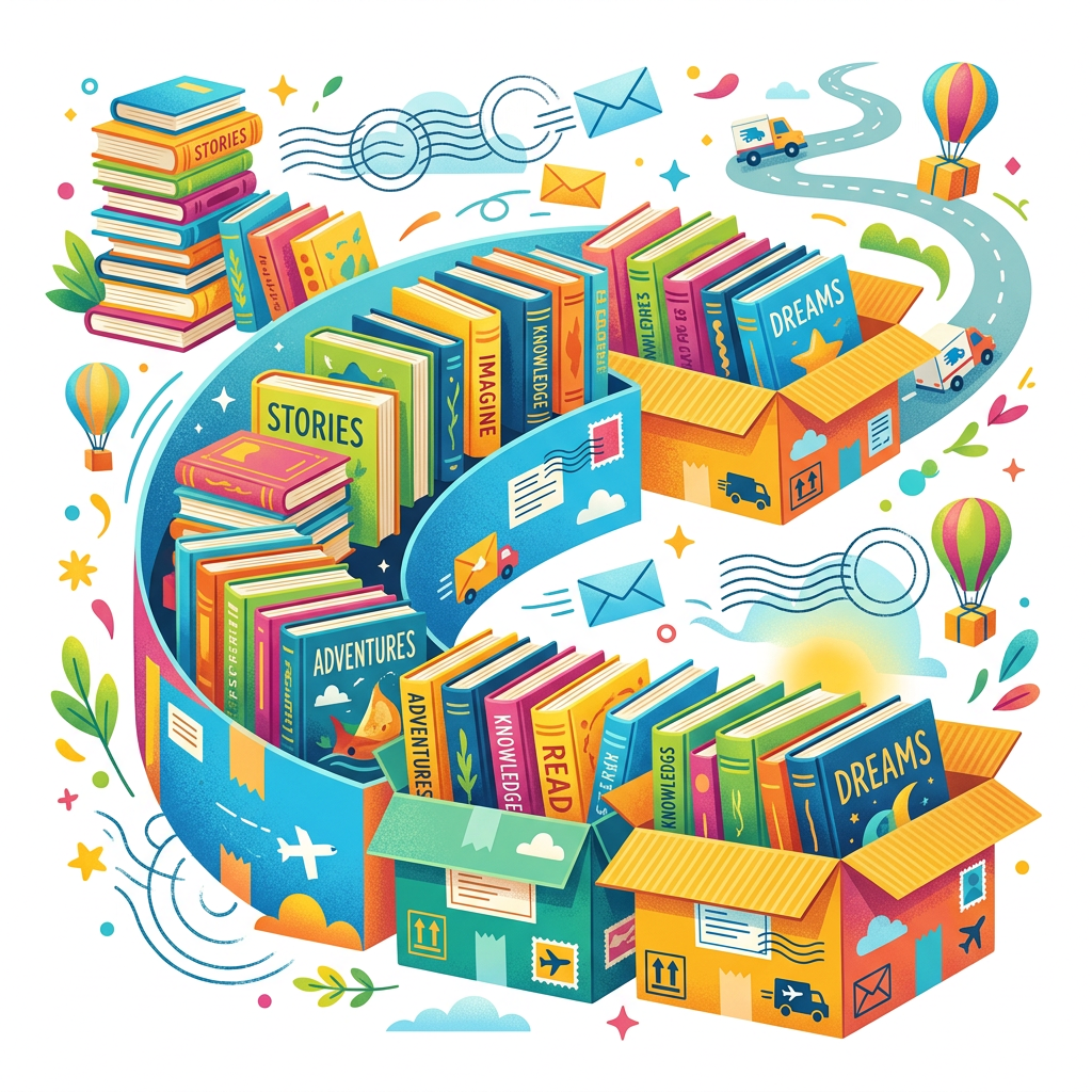 Colorful illustration of books and packages labeled STORIES, IMAGINE, KNOWLEDGE, ADVENTURES, READ, and DREAMS